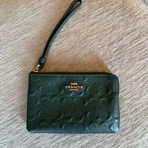 Coach Dark Green Embossed Leather Wristlet